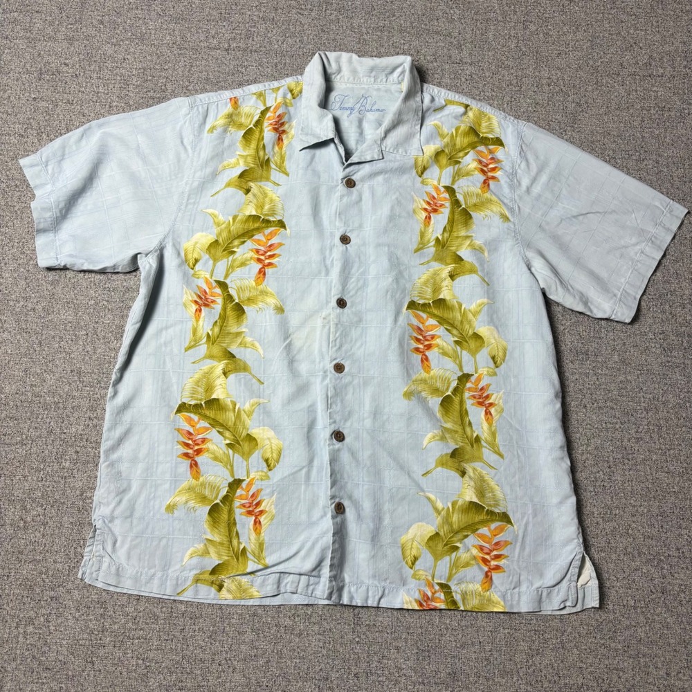 Tommy Bahama Shirt Mens XL Silk Camp Floral Light Blue Short Sleeve Button Down